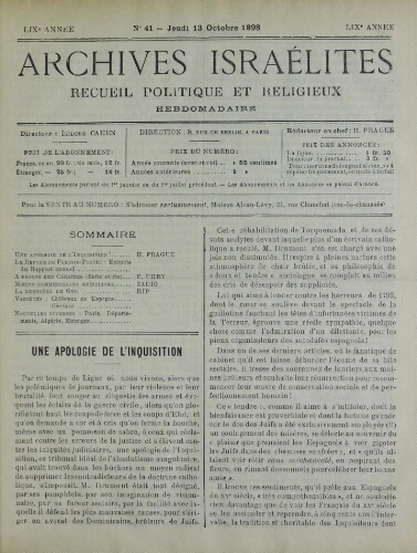 Archives israélites de France. Vol.59 N°41 (13 oct. 1898)