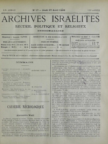 Archives israélites de France. Vol.60 N°17 (27 avr. 1899)