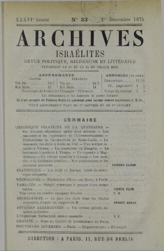 Archives israélites de France. Vol.36 N°23 (01 déc. 1875)