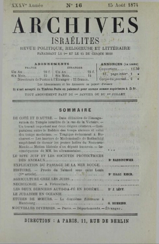 Archives israélites de France. Vol.35 N°16 (15 août 1874)