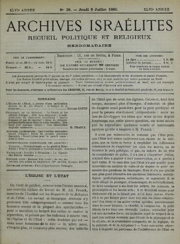 Archives israélites de France. Vol.46 N°28 (09 juil. 1885)