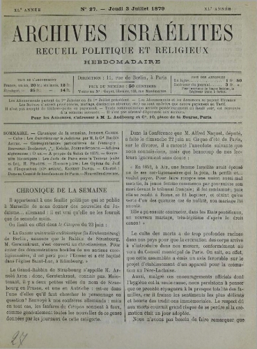 Archives israélites de France. Vol.40 N°27 (03 juil. 1879)