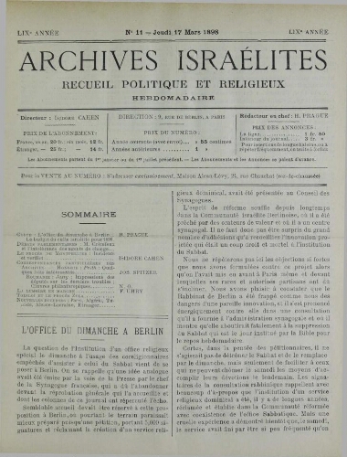 Archives israélites de France. Vol.59 N°11 (17 mars 1898)