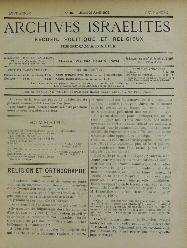 Archives israélites de France. vol.66 N°16 (20 avr. 1905)