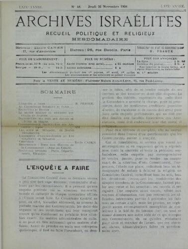 Archives israélites de France. Vol.69 N°48 (26 nov. 1908)