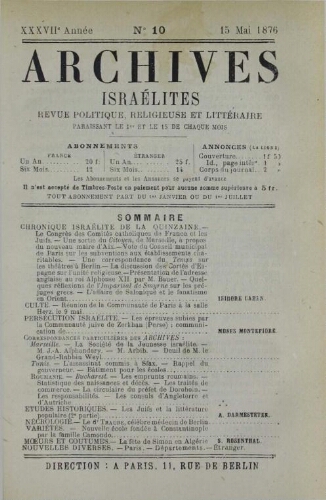 Archives israélites de France. Vol.37 N°10 (15 mai 1876)