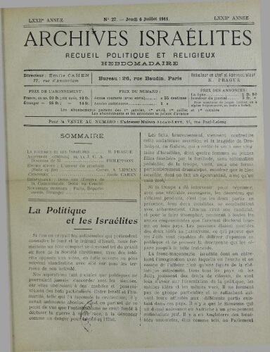 Archives israélites de France. Vol.72 N°27 (06 juil. 1911)