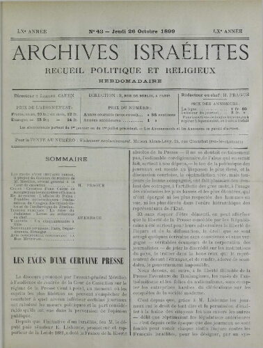 Archives israélites de France. Vol.60 N°43 (26 oct. 1899)