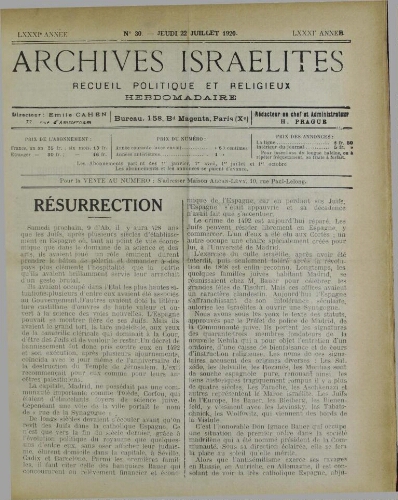 Archives israélites de France. Vol.81 N°30 (22 juil. 1920)