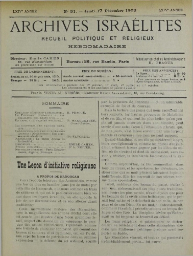 Archives israélites de France. Vol.64 N°51 (17 déc. 1903)