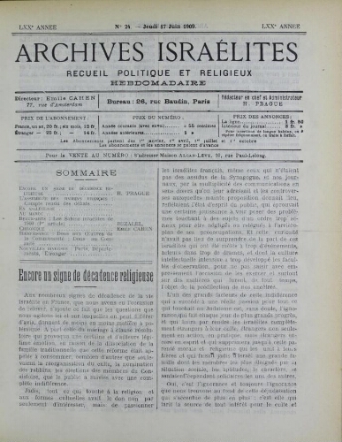 Archives israélites de France. Vol.70 N°24 (17 juin 1909)