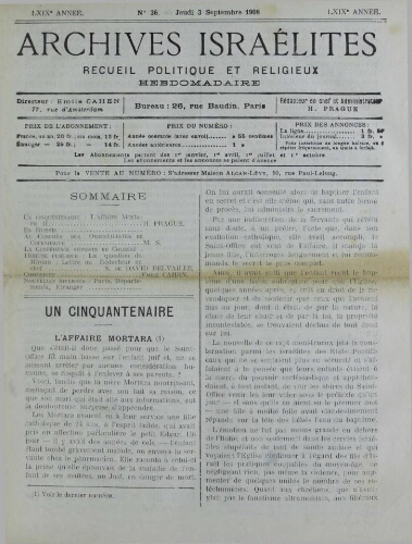 Archives israélites de France. Vol.69 N°36 (03 sept. 1908)