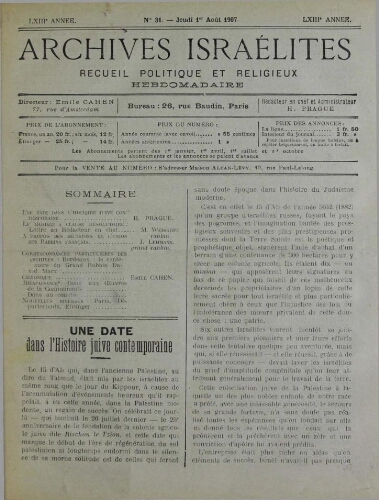 Archives israélites de France. Vol.68 N°31 (01 août 1907)