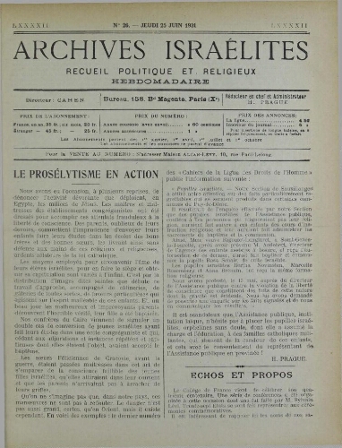 Archives israélites de France. Vol.92 N°26 (25 juin 1931)