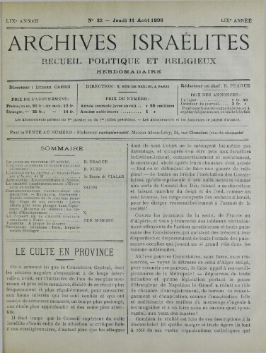 Archives israélites de France. Vol.59 N°32 (11 août 1898)