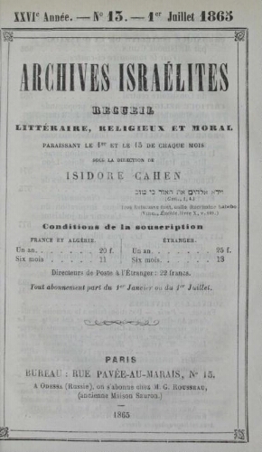 Archives israélites de France. Vol.26 N°13 (01 juil. 1865)