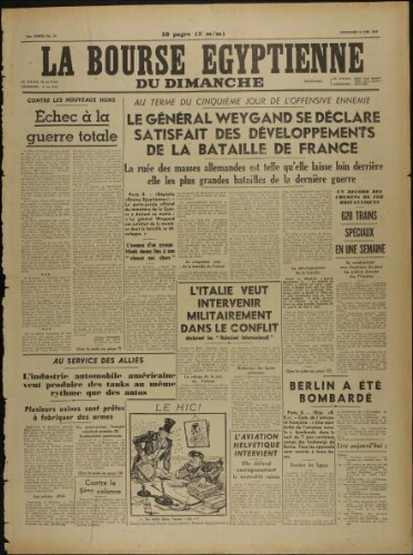 La Bourse égyptienne du dimanche : Ed. du Caire  Vol.01 N°15 (09 juin 1940)