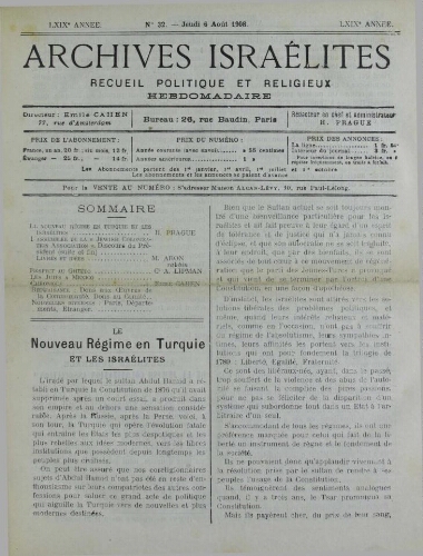 Archives israélites de France. Vol.69 N°32 (06 août 1908)