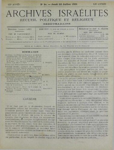 Archives israélites de France. Vol.52 N°30 (23 juil. 1891)