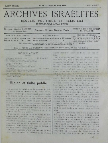 Archives israélites de France. Vol.69 N°33 (13 août 1908)