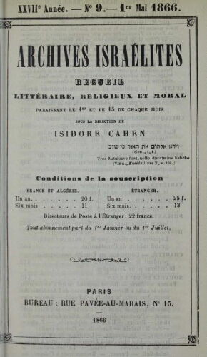 Archives israélites de France. Vol.27 N°09 (01 mai 1866)