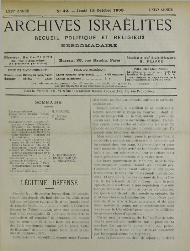 Archives israélites de France. Vol.64 N°42 (15 oct. 1903)