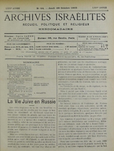 Archives israélites de France. Vol.64 N°44 (29 oct. 1903)