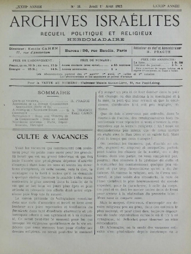 Archives israélites de France. Vol.73 N°31 (01 août 1912)