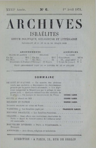 Archives israélites de France. Vol.32 N°06 (01 avr. 1871)