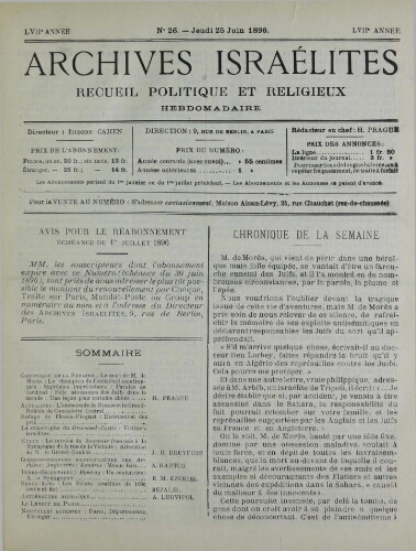 Archives israélites de France. Vol.57 N°26 (25 juin 1896)