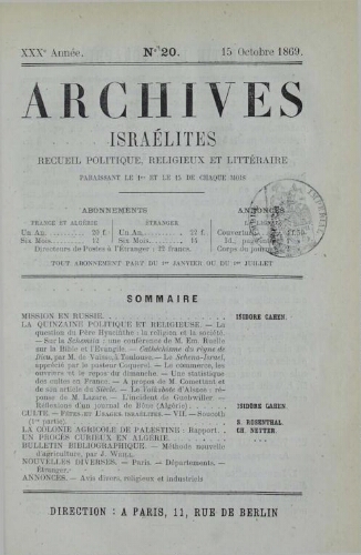 Archives israélites de France. Vol.30 N°20 (15 oct. 1869)