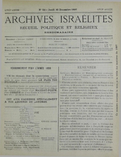 Archives israélites de France. Vol.58 N°52 (30 déc. 1897)