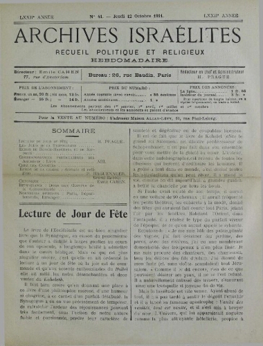 Archives israélites de France. Vol.72 N°41 (12 oct. 1911)