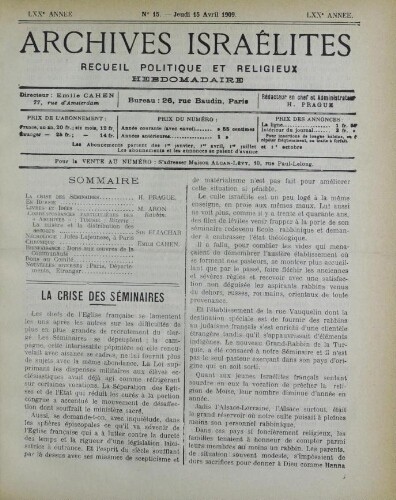 Archives israélites de France. Vol.70 N°15 (15 avr. 1909)