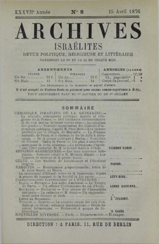 Archives israélites de France. Vol.37 N°08 (15 avr. 1876)