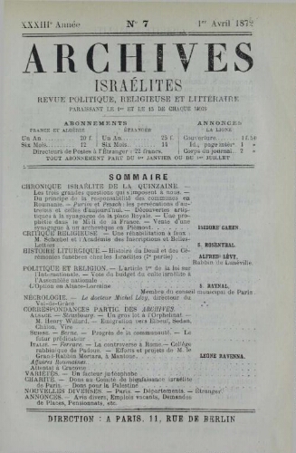 Archives israélites de France. Vol.33 N°08 (15 avr. 1872)