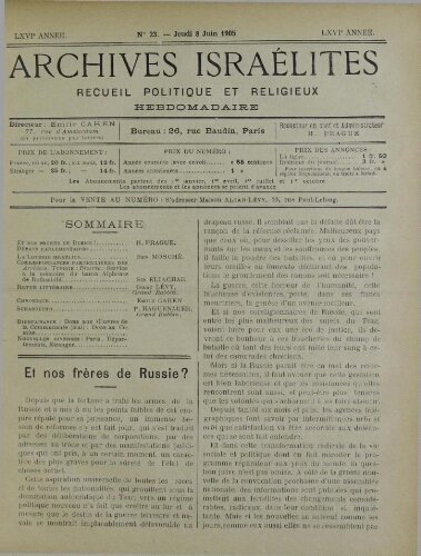 Archives israélites de France. vol.66 N°23 (08 juin 1905)