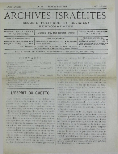 Archives israélites de France. Vol.69 N°18 (30 avr. 1908)