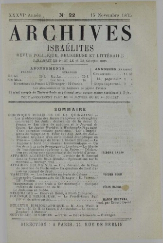 Archives israélites de France. Vol.36 N°22 (15 nov. 1875)