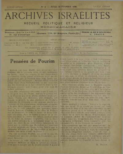 Archives israélites de France. Vol.81 N°09 (26 févr. 1920)