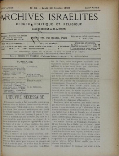 Archives israélites de France. Vol.64 N°43 (22 oct. 1903)