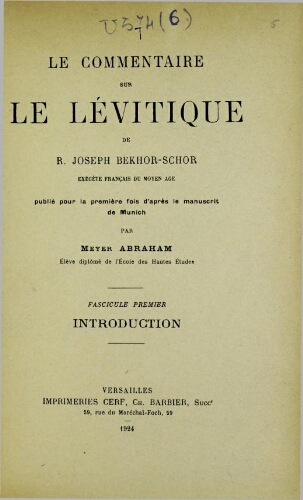 Le commentaire sur le Levitique de R. Joseph Bekhor-Schor, exegete francais de Moyen age