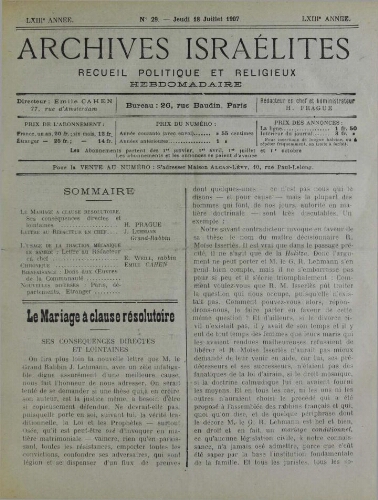 Archives israélites de France. Vol.68 N°29 (18 juil. 1907)