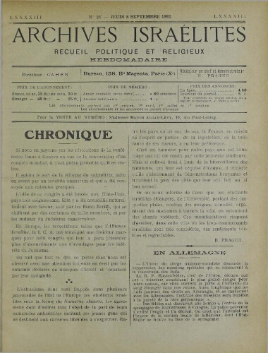 Archives israélites de France. Vol.93 N°36 (08 sept. 1932)
