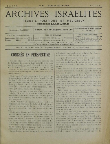 Archives israélites de France. Vol.90 N°28 (18 juil. 1929)