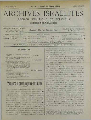 Archives israélites de France. Vol.64 N°11 (12 mars 1903)