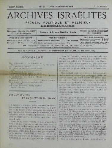 Archives israélites de France. Vol.69 N°47 (19 nov. 1908)