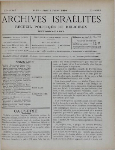 Archives israélites de France. Vol.60 N°27 (06 juil. 1899)