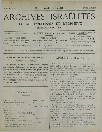 Archives israélites de France. Vol.58 N°24 (17 juin 1897)