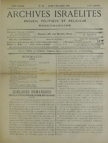 Archives israélites de France. Vol.65 N°49 (08 déc. 1904)